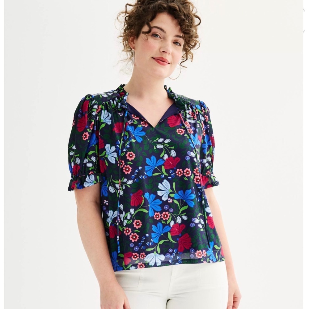 Draper James Floral Mesh Top Womens XL Navy‎ Blue Pink Excellent Ruffle Sleeve